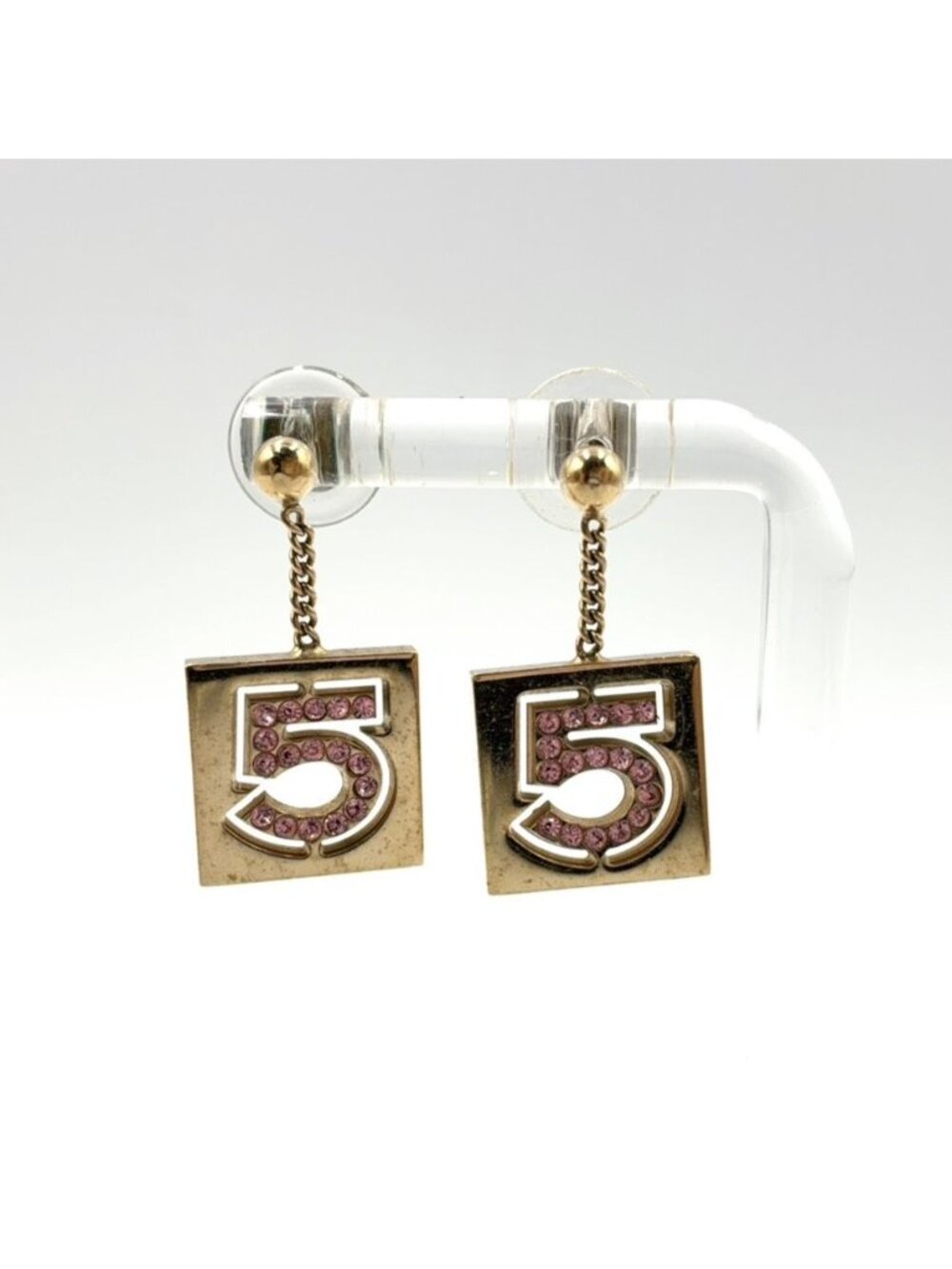 Chanel No 5 Rhinestone Square Gold Pink Earrings